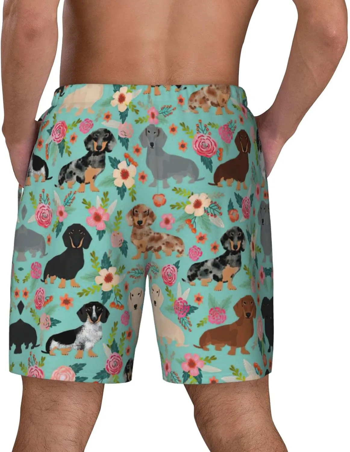 Dog Floral Print Men's Double Layer Swim Shorts, Gym Workout Shorts with Pocket