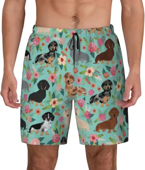 Dog Floral Print Men's Double Layer Swim Shorts, Gym Workout Shorts with Pocket