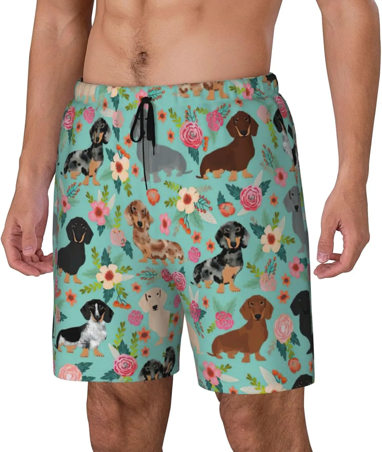Dog Floral Print Men's Double Layer Swim Shorts, Gym Workout Shorts with Pocket