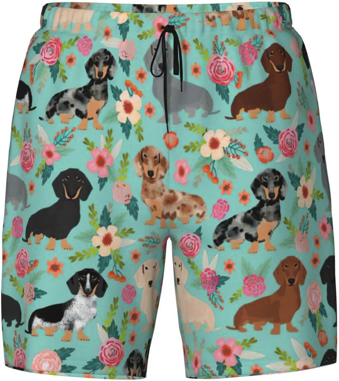Dog Floral Print Men's Double Layer Swim Shorts, Gym Workout Shorts with Pocket