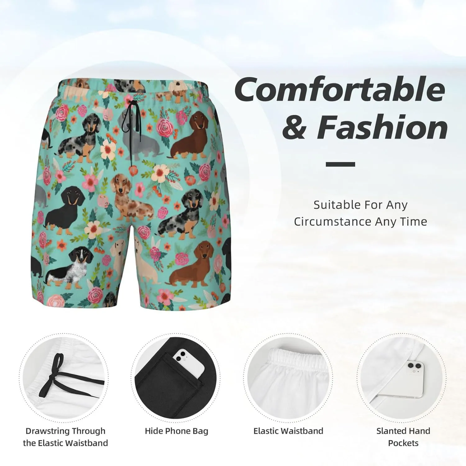 Dog Floral Print Men's Double Layer Swim Shorts, Gym Workout Shorts with Pocket
