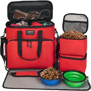Dog Travel Bag,Weekend Pet Travel Bag Set for Dog and Cat,Airline Approved Tote Multi-Function Dog Bags for Traveling,Include 2 Collapsible Bowls,2 Food Storage Containers,1 Feeding Mat,Red