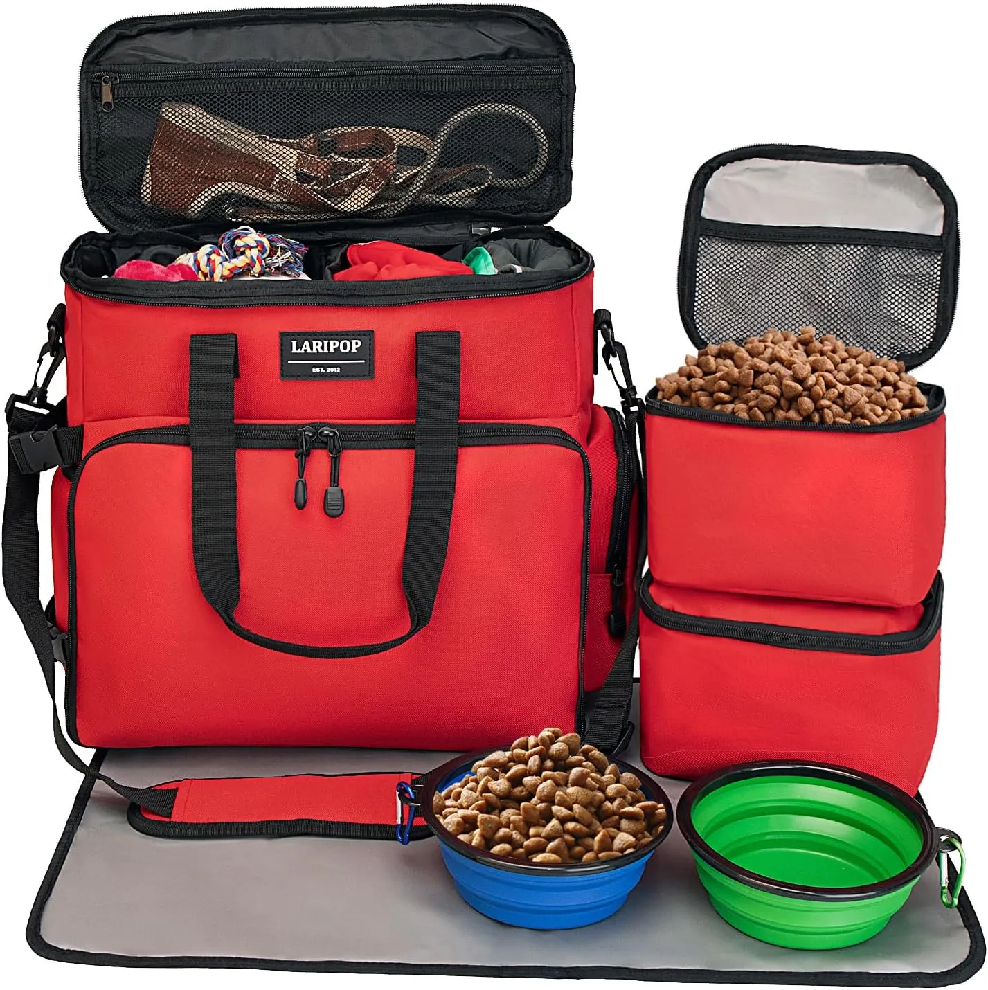 Dog Travel Bag,Weekend Pet Travel Bag Set for Dog and Cat,Airline Approved Tote Multi-Function Dog Bags for Traveling,Include 2 Collapsible Bowls,2 Food Storage Containers,1 Feeding Mat,Red