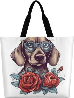 Dog Wearing Glasses Tote Bag Large Women Casual Shoulder Bag Reusable Grocery Bag Fasion Handbag for Office Shopping Travel