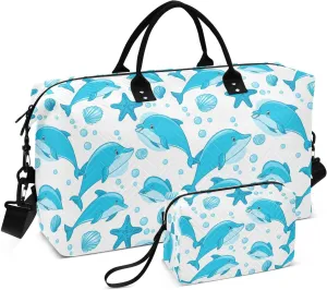Dolphin Starfish Seashells Sports Gym Bag for Women Men Travel Duffel Bag Weekend Overnight Carry on Bag with Toiletry Bag Yoga Bag for Swimming Yoga Workout Hospital Plane