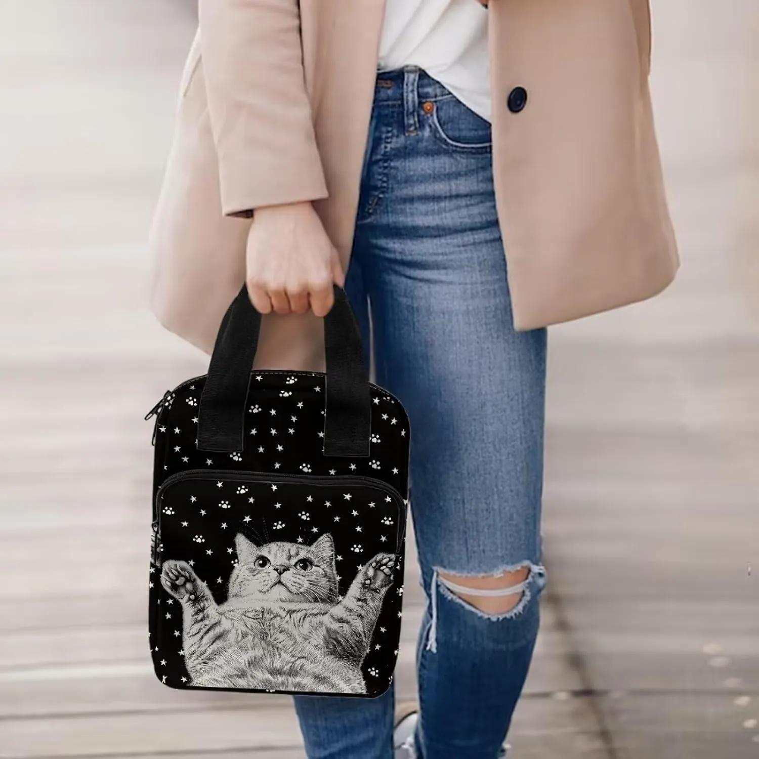 Dolyues Cute Cat Bible Cover for Kids Book Carrying Case Scripture Bag with Handle Pockets Childrens Teens Church Bag Black Handbag One Size