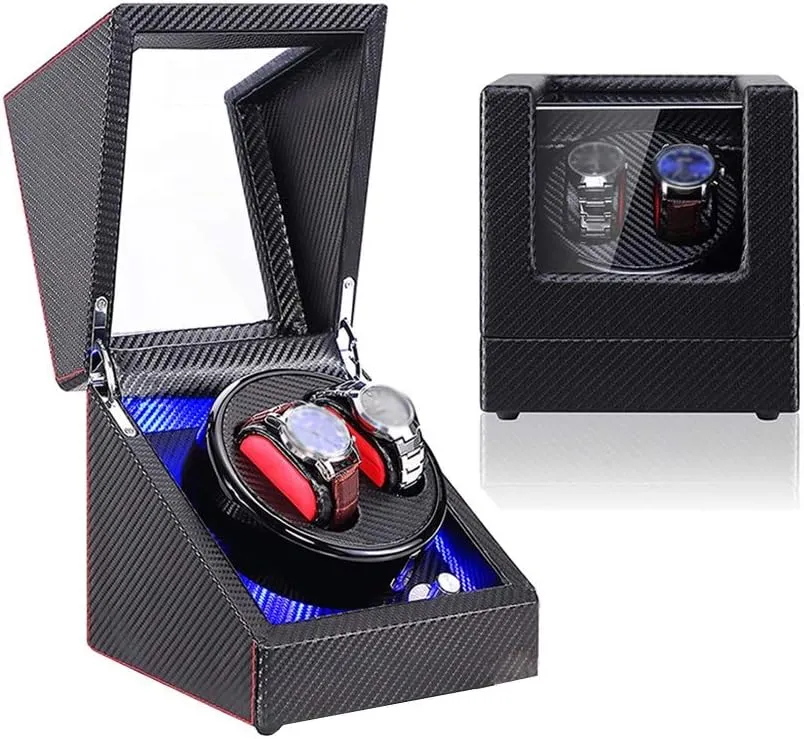 Double Watch Winder Box, for Automatic Watches, Blue LED Light, Carbon Fiber PU Leather, Extremely Silent Motor Watch Winder Box Best Gift