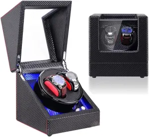 Double Watch Winder Box, for Automatic Watches, Blue LED Light, Carbon Fiber PU Leather, Extremely Silent Motor Watch Winder Box Best Gift