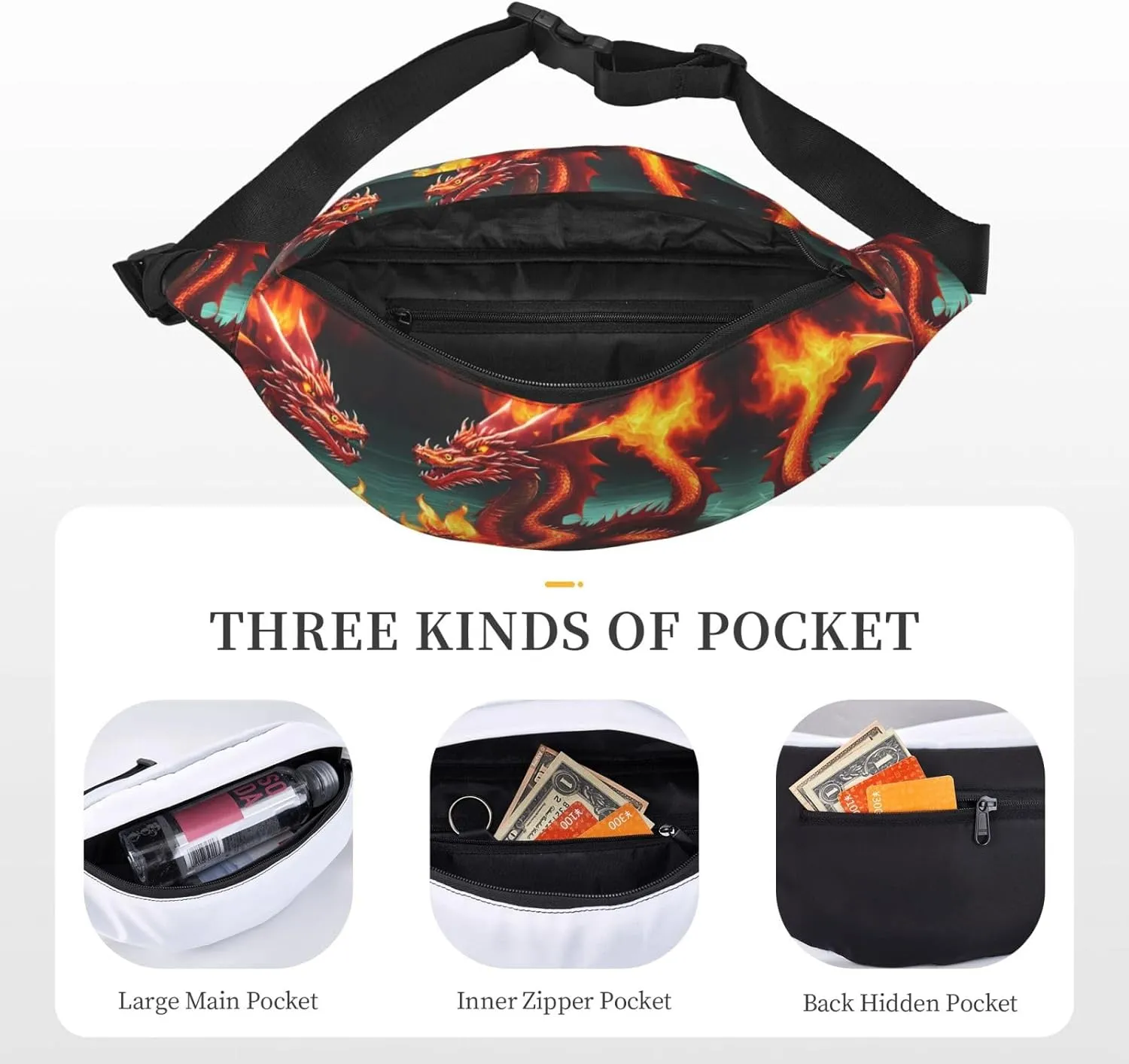 Dragon King In Fire Print Large Crossbody Fanny Pack, Cute Waterproof Waist Pack Belt Bag For Men, Women, Stylish Running Accessory