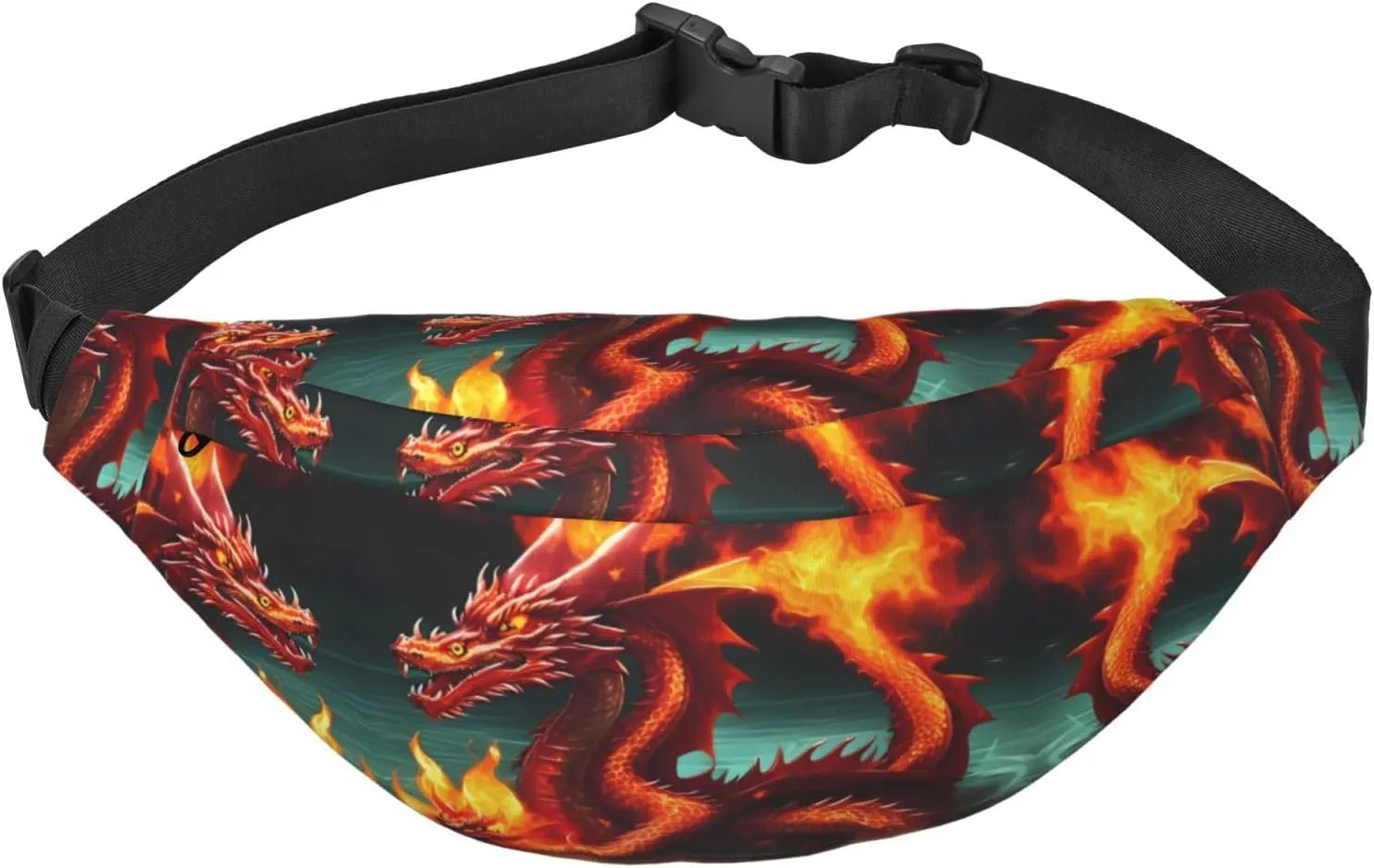 Dragon King In Fire Print Large Crossbody Fanny Pack, Cute Waterproof Waist Pack Belt Bag For Men, Women, Stylish Running Accessory