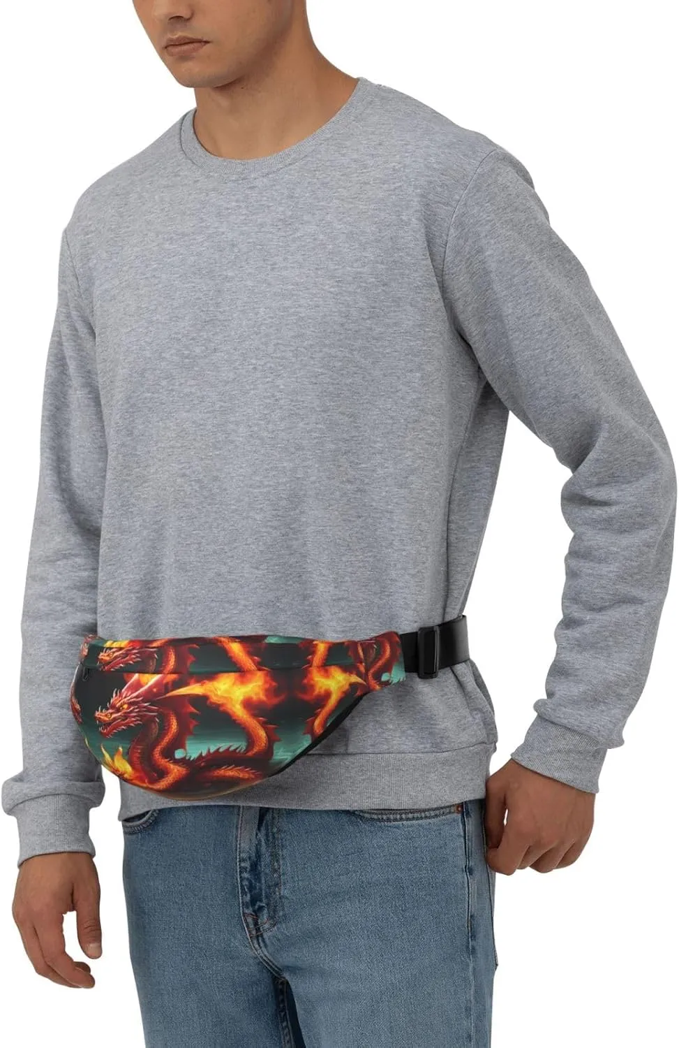 Dragon King In Fire Print Large Crossbody Fanny Pack, Cute Waterproof Waist Pack Belt Bag For Men, Women, Stylish Running Accessory