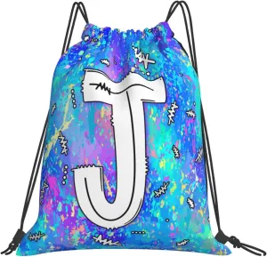Drawstring Backpack Bag Sport Gym Sackpack Initial Blue Draw String Cinch Bags Bulk String Backpack Storage Bag for Women Men Letters J