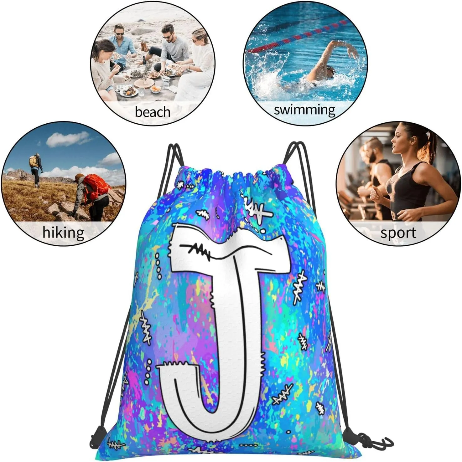 Drawstring Backpack Bag Sport Gym Sackpack Initial Blue Draw String Cinch Bags Bulk String Backpack Storage Bag for Women Men Letters J
