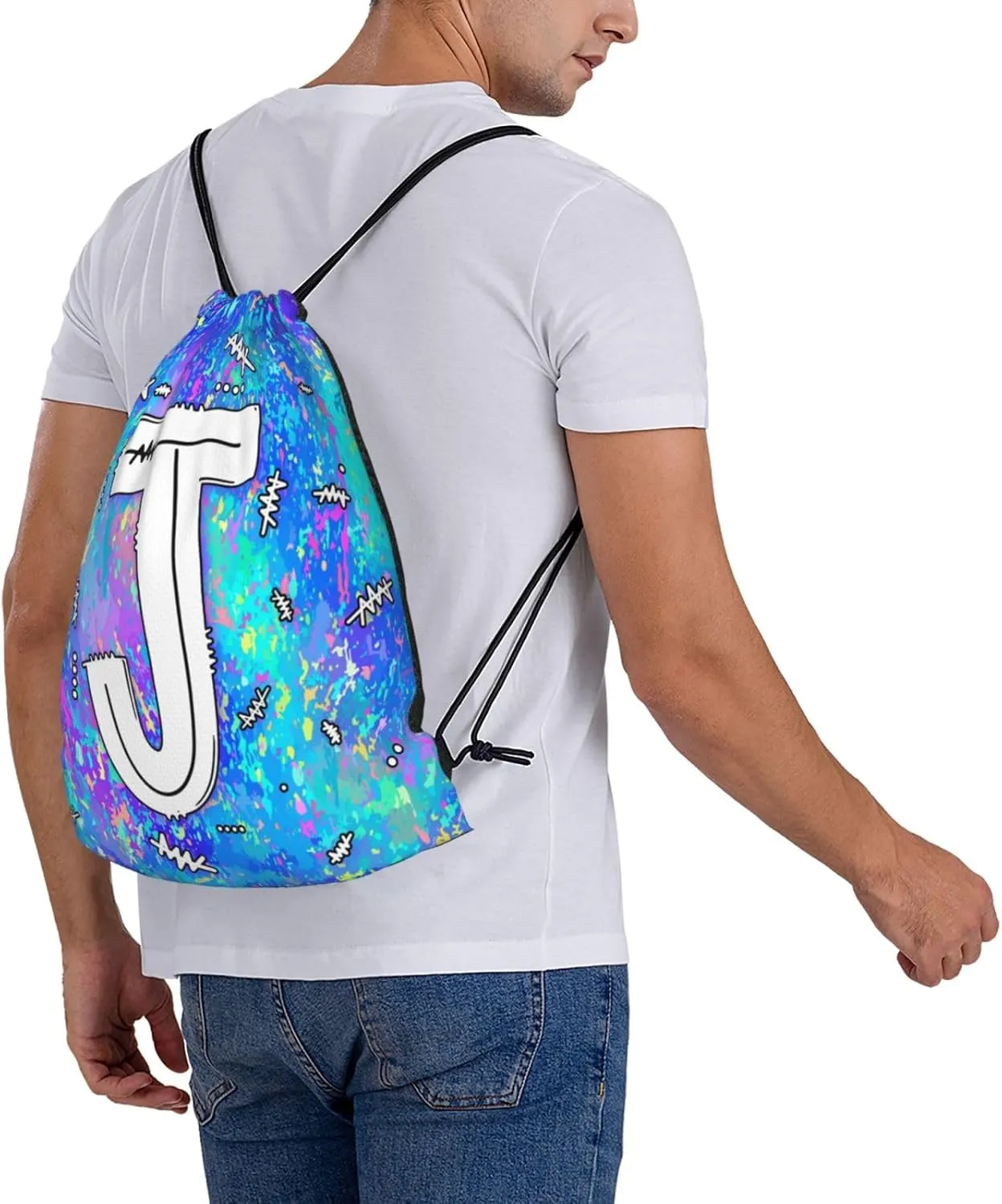 Drawstring Backpack Bag Sport Gym Sackpack Initial Blue Draw String Cinch Bags Bulk String Backpack Storage Bag for Women Men Letters J