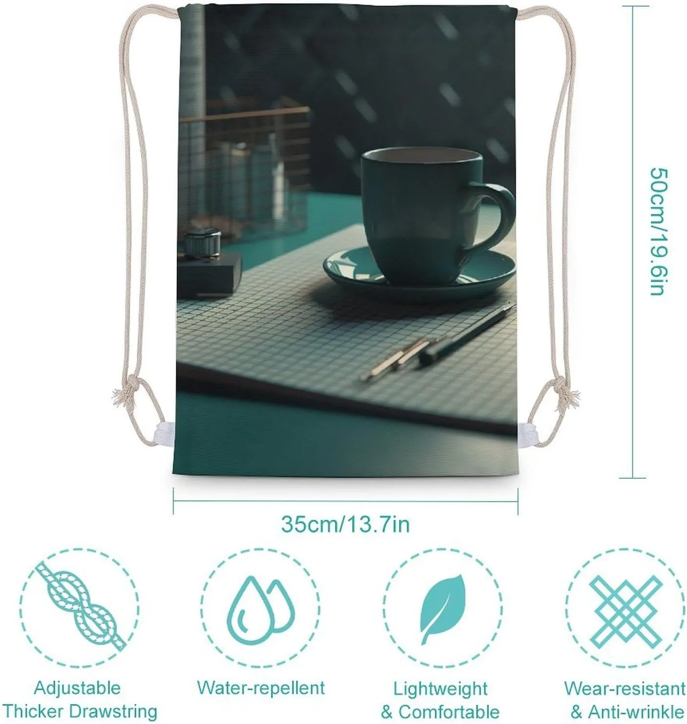 Drawstring Backpack Coffee Cup on Table String Bag Sackpack Foldable Backpack Sports Gym Bag for Shopping Yoga