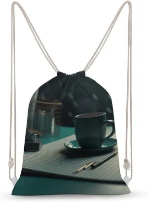 Drawstring Backpack Coffee Cup on Table String Bag Sackpack Foldable Backpack Sports Gym Bag for Shopping Yoga