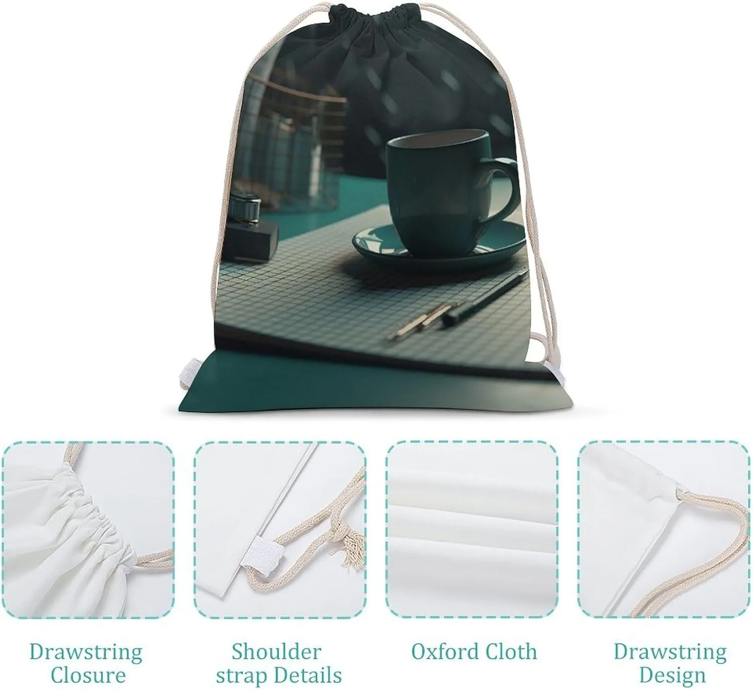 Drawstring Backpack Coffee Cup on Table String Bag Sackpack Foldable Backpack Sports Gym Bag for Shopping Yoga