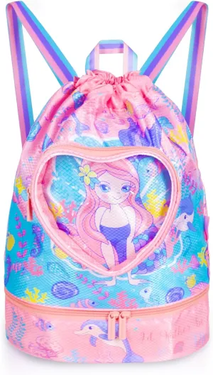 Drawstring Backpack for Kids Girls, Cute Cartoon Mermaid Waterproof Drawstring Bag String Swim Gym Sports Beach Bag with Shoes Compartment and Wet Proof Pocket