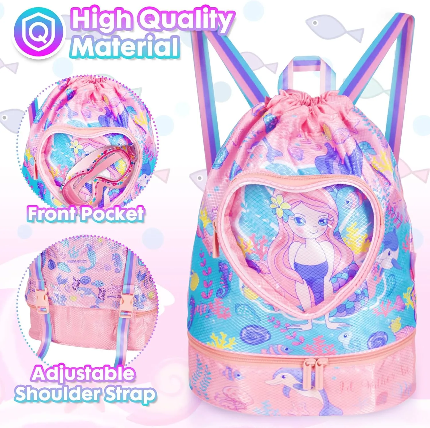 Drawstring Backpack for Kids Girls, Cute Cartoon Mermaid Waterproof Drawstring Bag String Swim Gym Sports Beach Bag with Shoes Compartment and Wet Proof Pocket