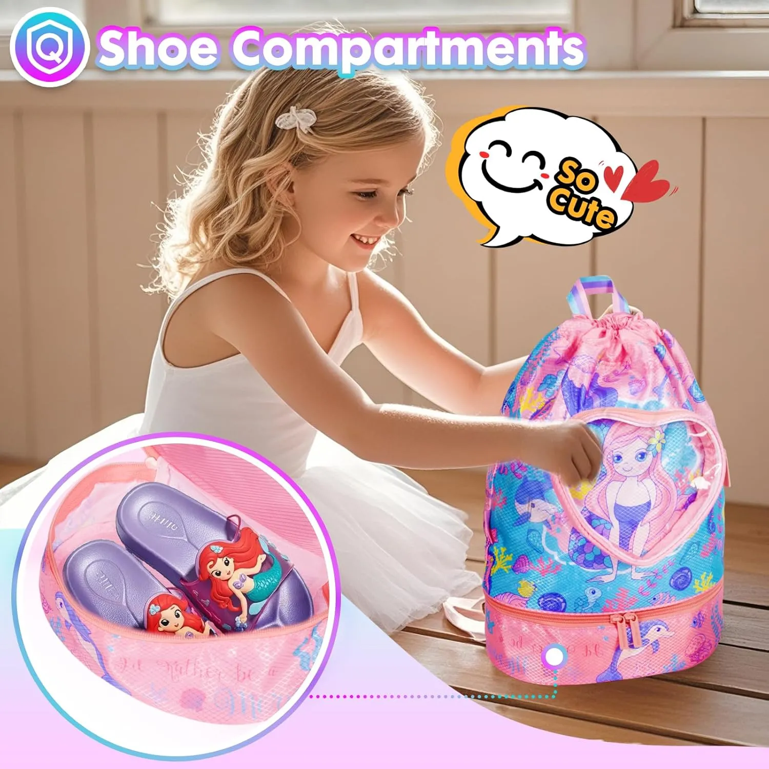 Drawstring Backpack for Kids Girls, Cute Cartoon Mermaid Waterproof Drawstring Bag String Swim Gym Sports Beach Bag with Shoes Compartment and Wet Proof Pocket