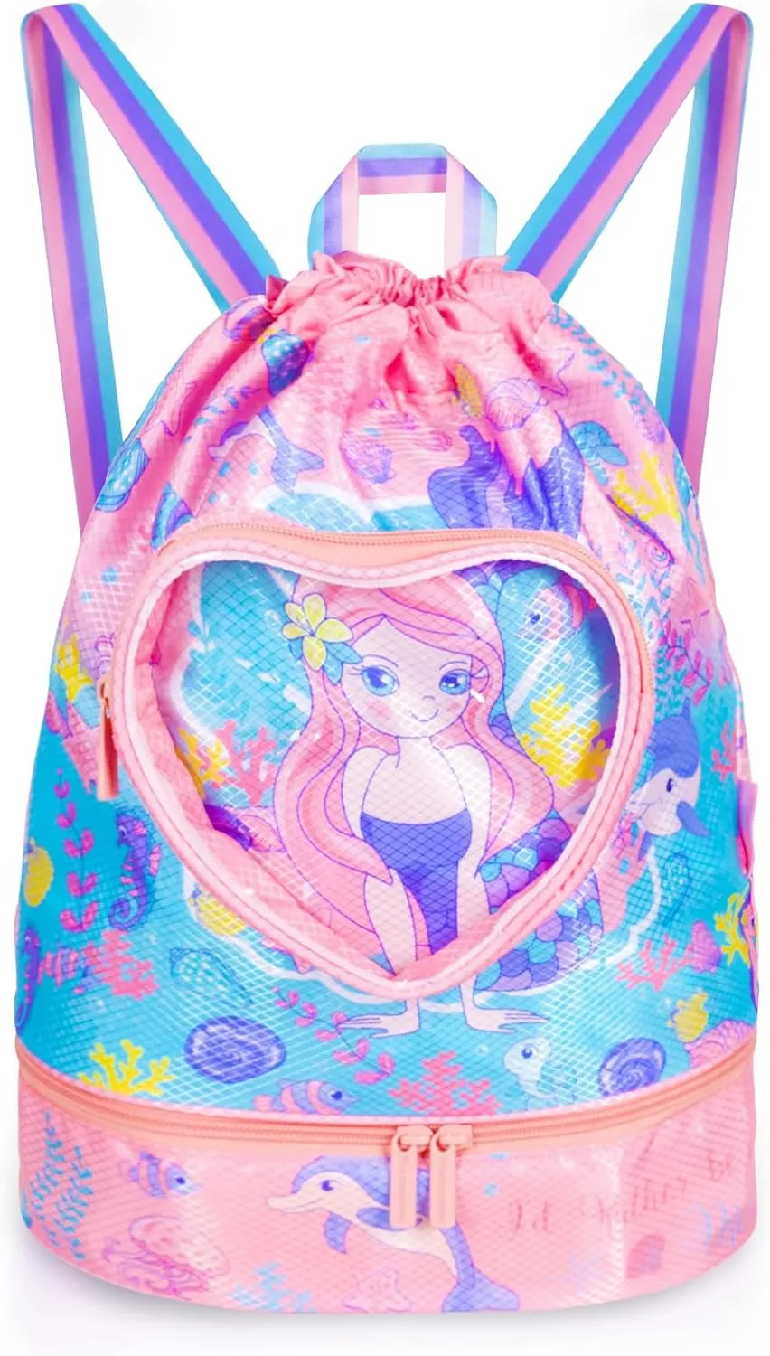 Drawstring Backpack for Kids Girls, Cute Cartoon Mermaid Waterproof Drawstring Bag String Swim Gym Sports Beach Bag with Shoes Compartment and Wet Proof Pocket