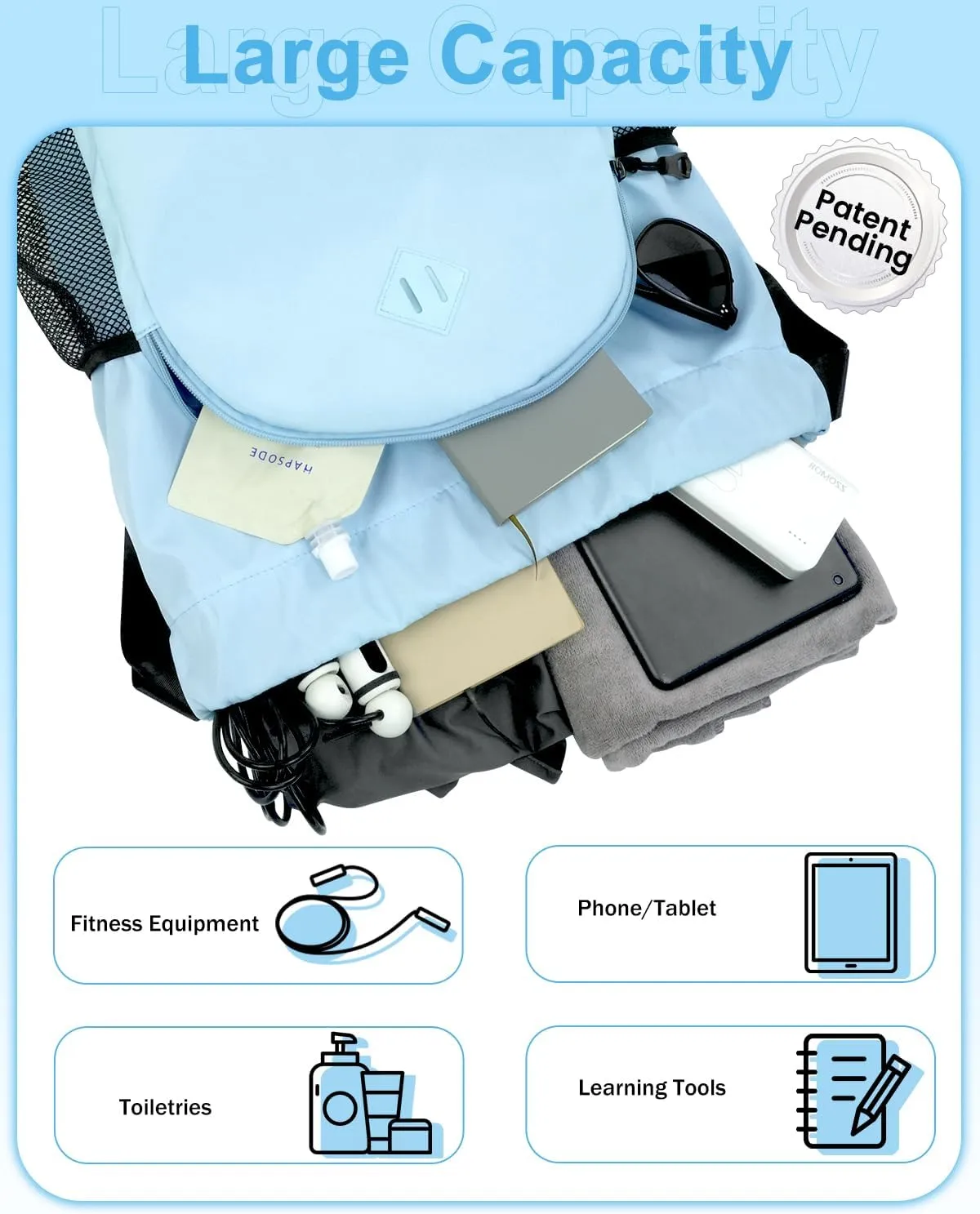 Drawstring Backpack Gym Backpack with Shoe Compartment for Men Women String Sports Bag with Wet Pocket Cinch Swim Beach Bag, Blue (Patent Pending)