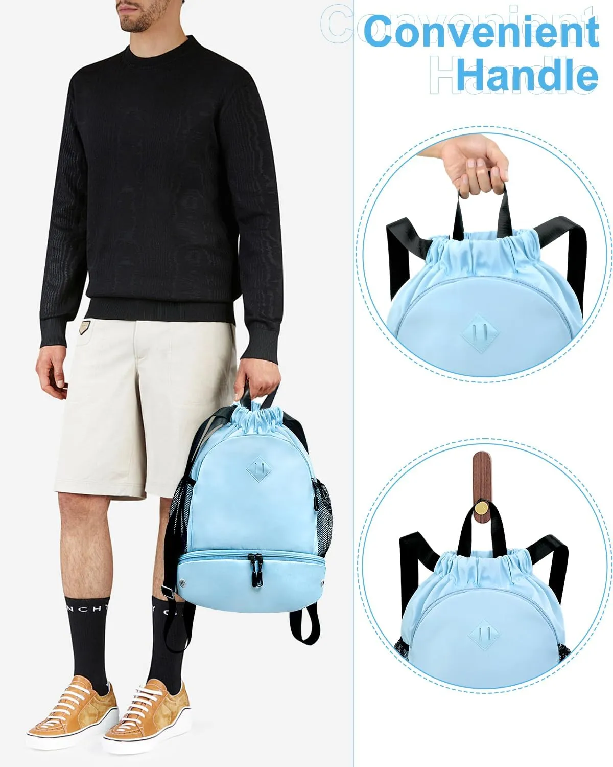 Drawstring Backpack Gym Backpack with Shoe Compartment for Men Women String Sports Bag with Wet Pocket Cinch Swim Beach Bag, Blue (Patent Pending)