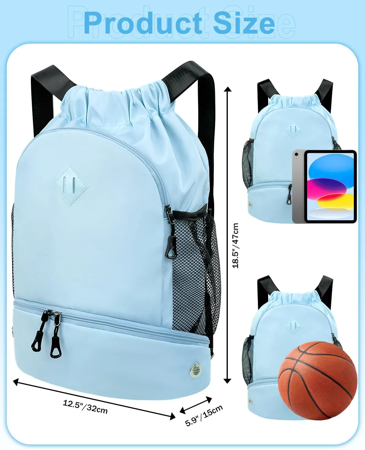 Drawstring Backpack Gym Backpack with Shoe Compartment for Men Women String Sports Bag with Wet Pocket Cinch Swim Beach Bag, Blue (Patent Pending)