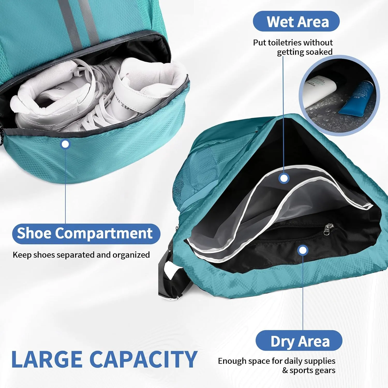 Drawstring Backpack Gym Bag with Shoes Compartment for Soccer, Basketball, Swim, Water-Resistant String Backpack Beach Cinch for Women Men, Teal