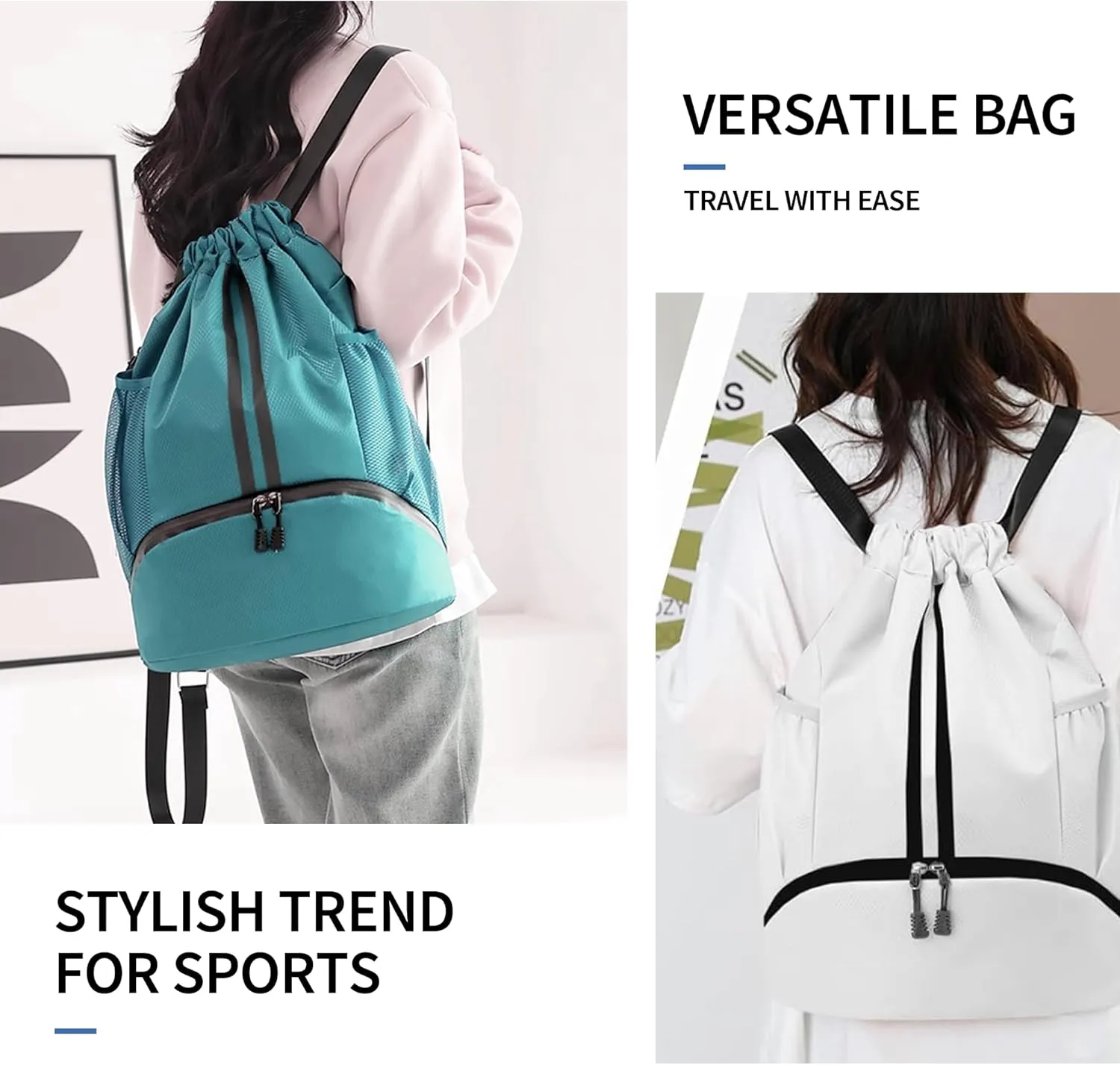 Drawstring Backpack Gym Bag with Shoes Compartment for Soccer, Basketball, Swim, Water-Resistant String Backpack Beach Cinch for Women Men, Teal
