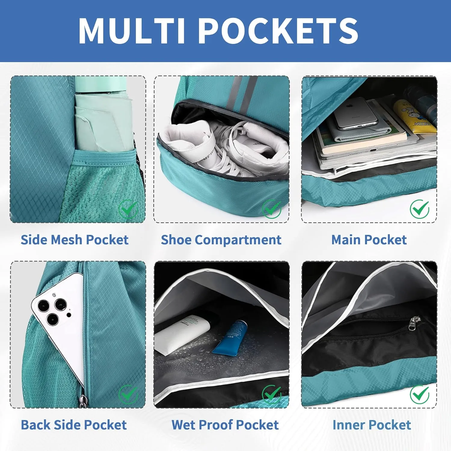 Drawstring Backpack Gym Bag with Shoes Compartment for Soccer, Basketball, Swim, Water-Resistant String Backpack Beach Cinch for Women Men, Teal