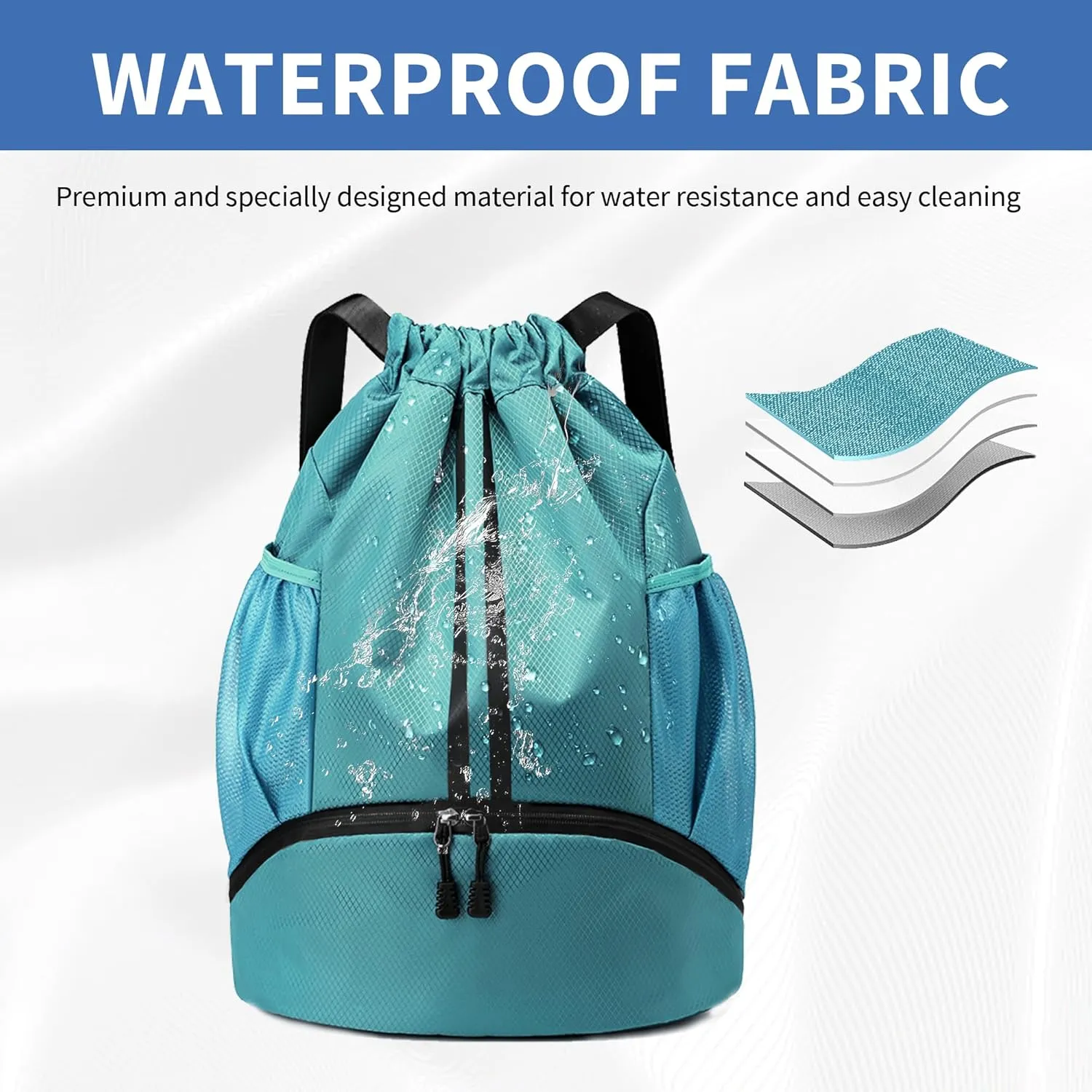 Drawstring Backpack Gym Bag with Shoes Compartment for Soccer, Basketball, Swim, Water-Resistant String Backpack Beach Cinch for Women Men, Teal
