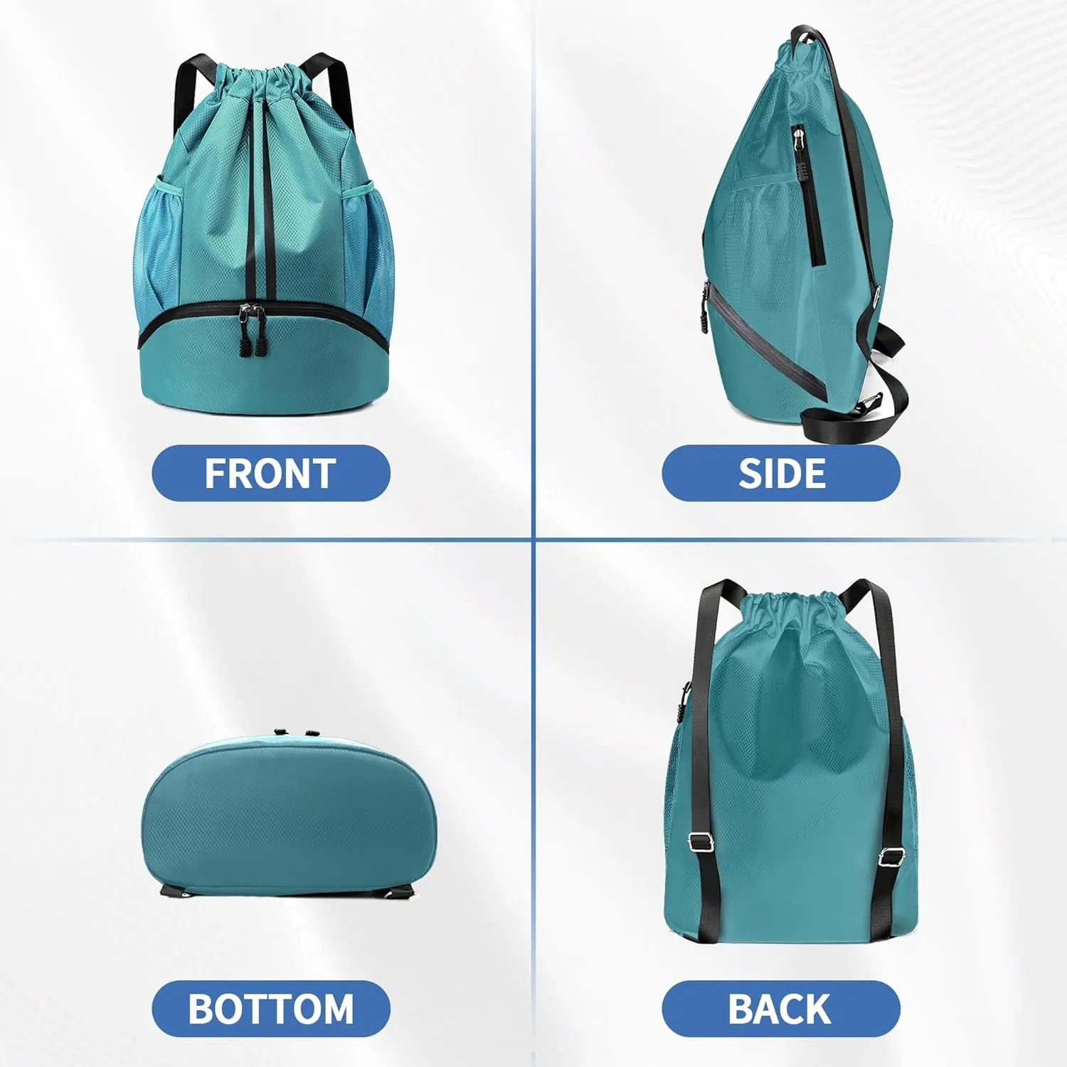 Drawstring Backpack Gym Bag with Shoes Compartment for Soccer, Basketball, Swim, Water-Resistant String Backpack Beach Cinch for Women Men, Teal