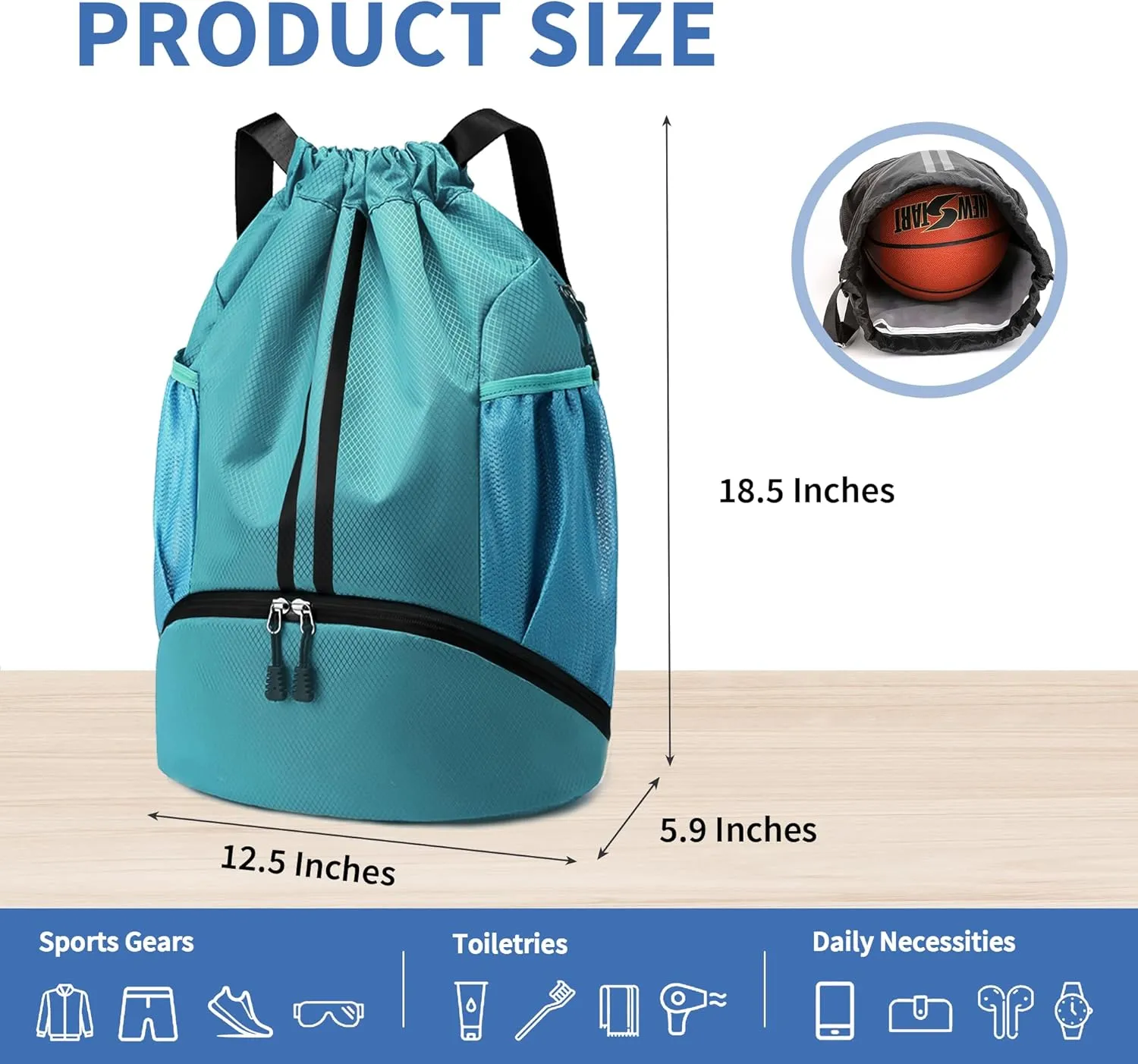Drawstring Backpack Gym Bag with Shoes Compartment for Soccer, Basketball, Swim, Water-Resistant String Backpack Beach Cinch for Women Men, Teal