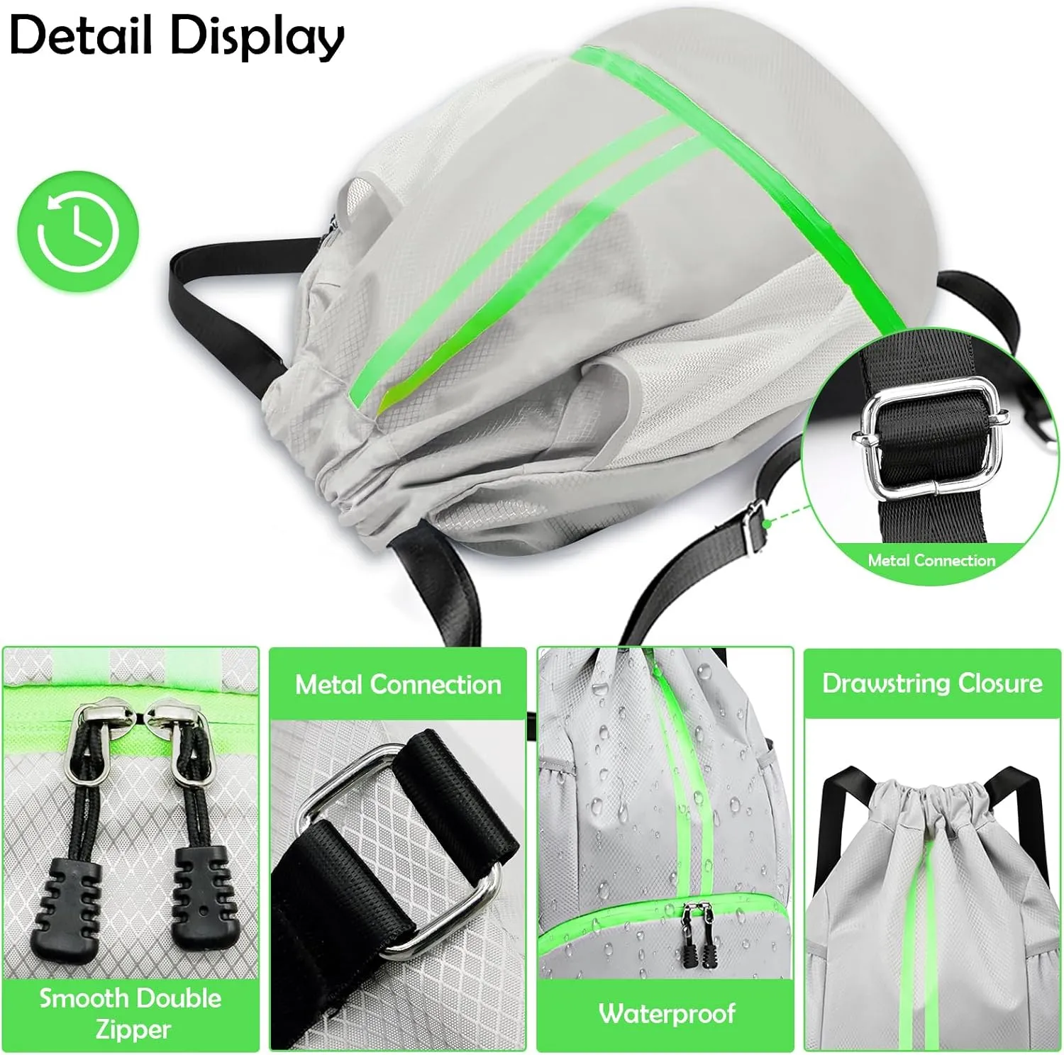 Drawstring Backpack Gymbag Water Resistant Sports Sackpack with Zipper/Shoe Compartment/Wet Pocket/Mesh Pockets Gym Bag for Men Lightweight String Bag for Travel Soccer Swim Hiking, Grey