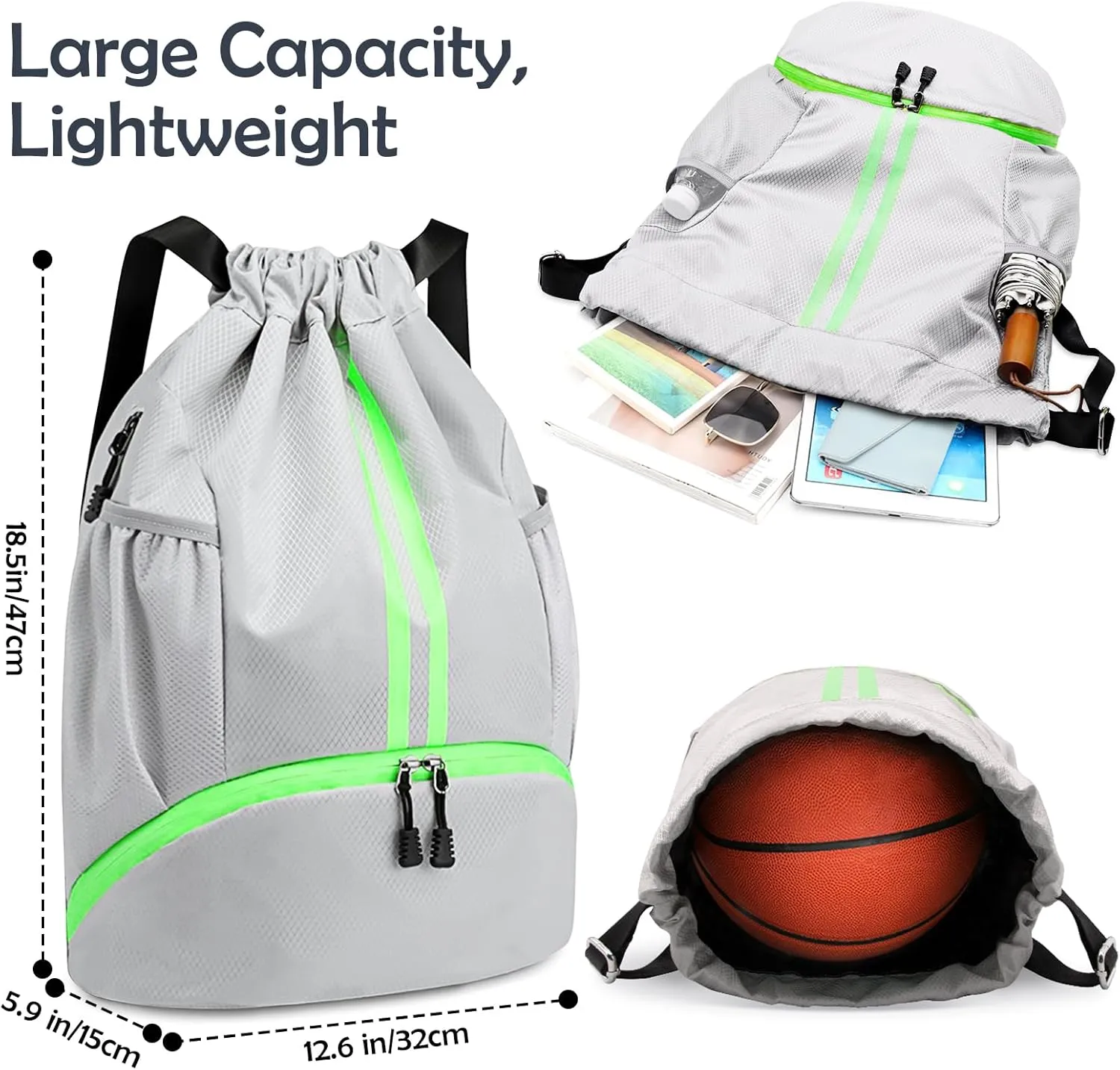Drawstring Backpack Gymbag Water Resistant Sports Sackpack with Zipper/Shoe Compartment/Wet Pocket/Mesh Pockets Gym Bag for Men Lightweight String Bag for Travel Soccer Swim Hiking, Grey