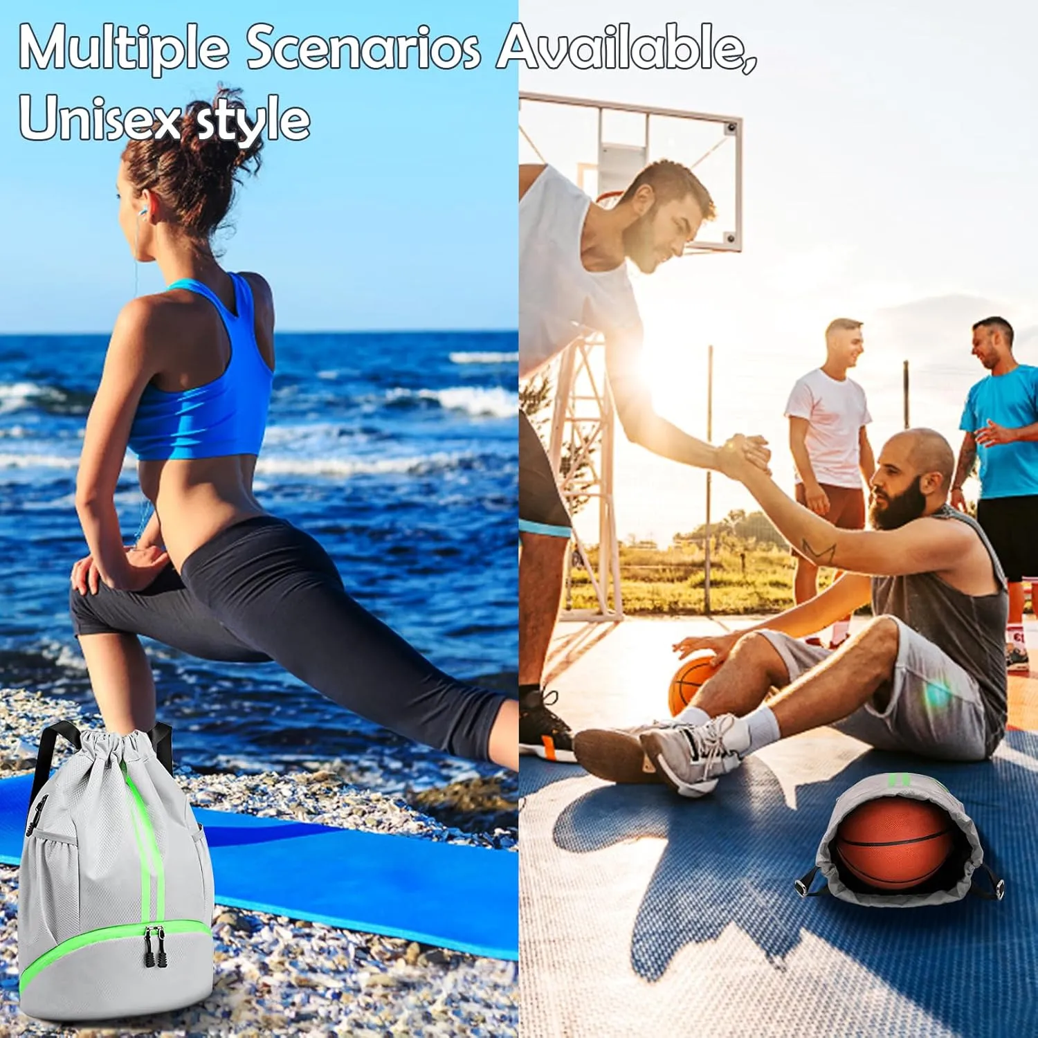 Drawstring Backpack Gymbag Water Resistant Sports Sackpack with Zipper/Shoe Compartment/Wet Pocket/Mesh Pockets Gym Bag for Men Lightweight String Bag for Travel Soccer Swim Hiking, Grey