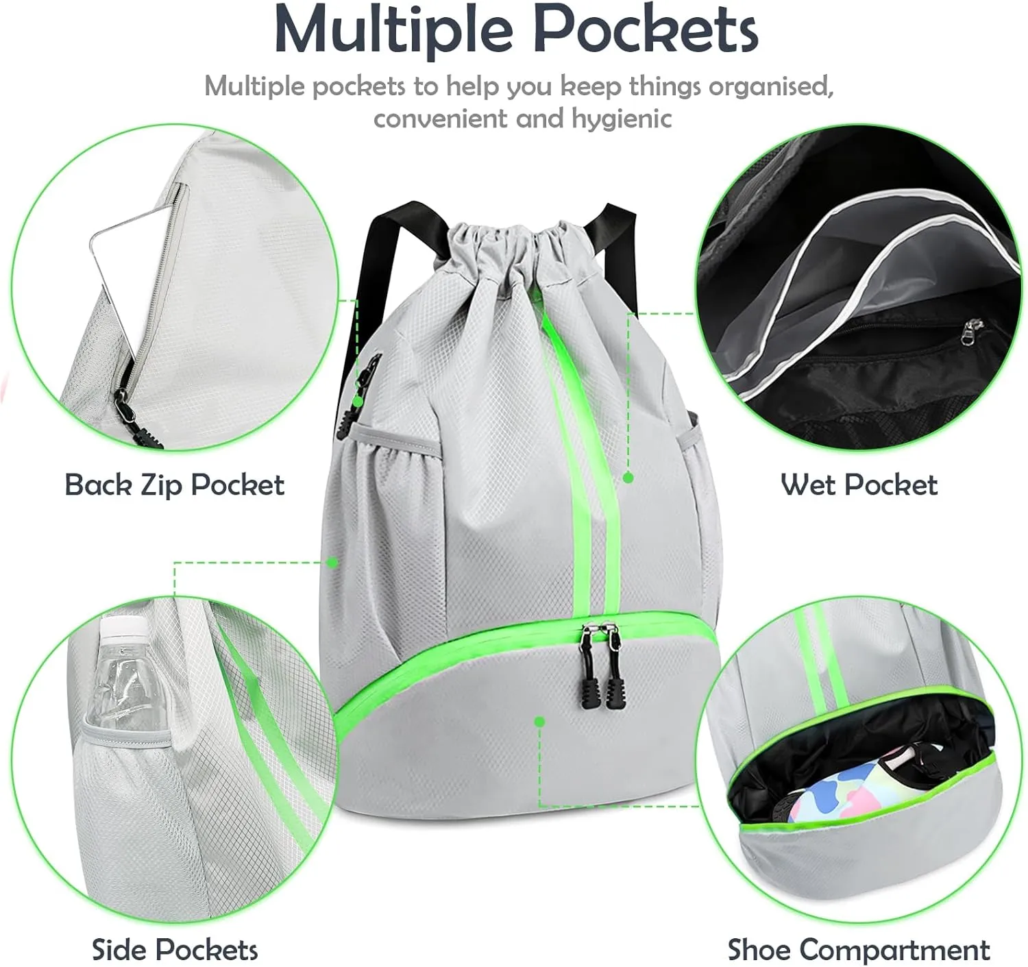 Drawstring Backpack Gymbag Water Resistant Sports Sackpack with Zipper/Shoe Compartment/Wet Pocket/Mesh Pockets Gym Bag for Men Lightweight String Bag for Travel Soccer Swim Hiking, Grey