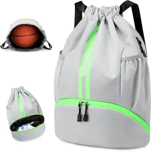 Drawstring Backpack Gymbag Water Resistant Sports Sackpack with Zipper/Shoe Compartment/Wet Pocket/Mesh Pockets Gym Bag for Men Lightweight String Bag for Travel Soccer Swim Hiking, Grey