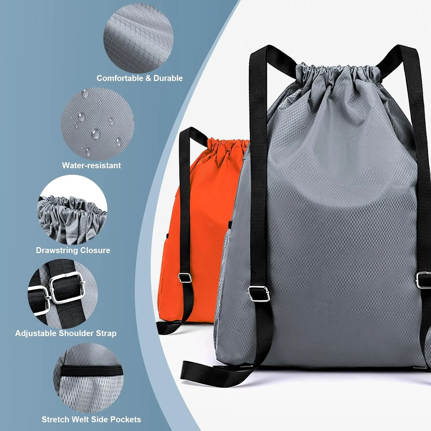 Drawstring Backpack - Small Gym Bag with Wet & Dry Compartment, Basketball Sackpack for Men & Women, Sports Backpack for Swim, Soccer & Accessories, Gray, Size L