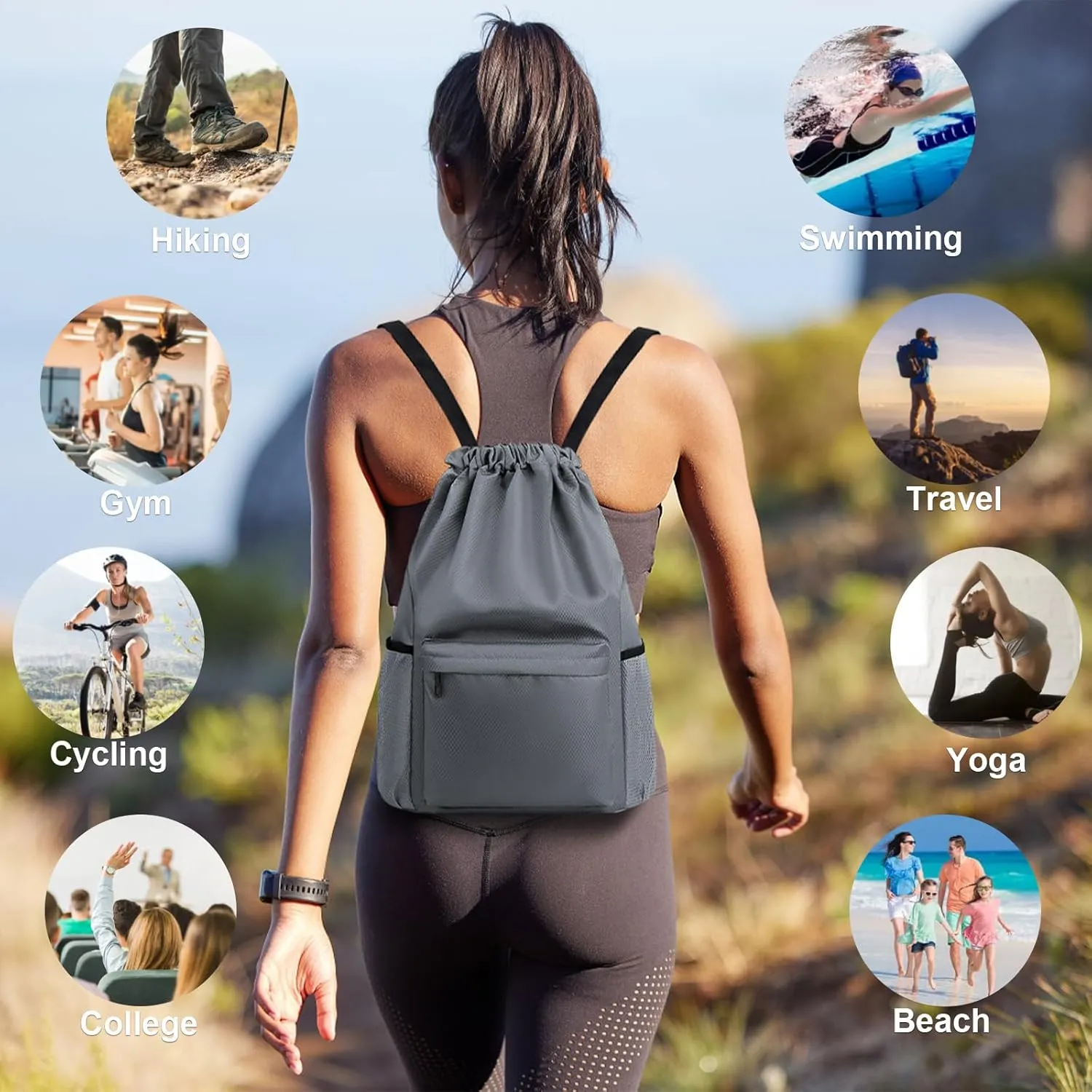 Drawstring Backpack - Small Gym Bag with Wet & Dry Compartment, Basketball Sackpack for Men & Women, Sports Backpack for Swim, Soccer & Accessories, Gray, Size L