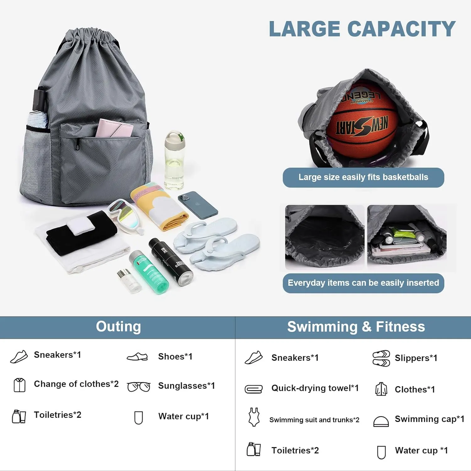 Drawstring Backpack - Small Gym Bag with Wet & Dry Compartment, Basketball Sackpack for Men & Women, Sports Backpack for Swim, Soccer & Accessories, Gray, Size L