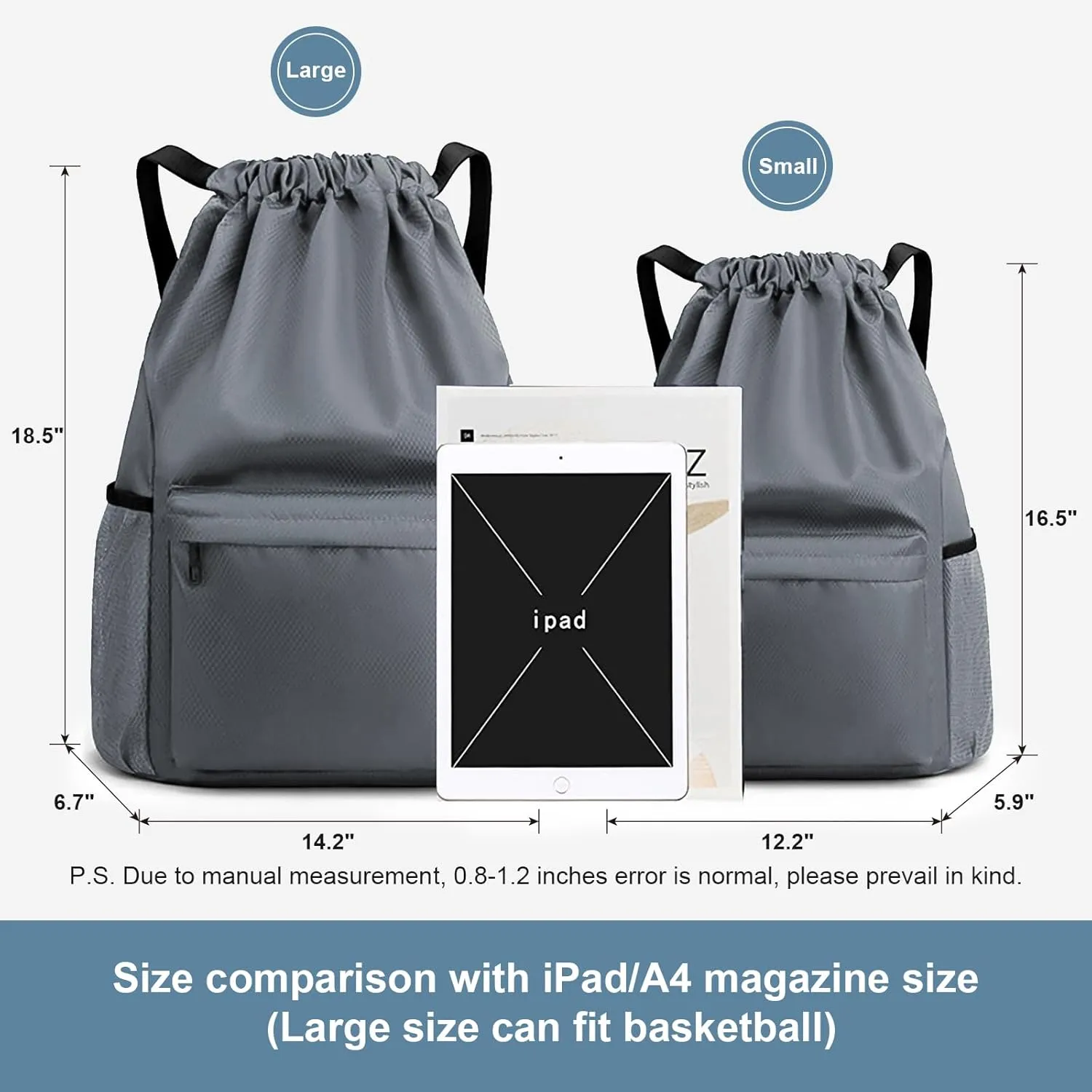 Drawstring Backpack - Small Gym Bag with Wet & Dry Compartment, Basketball Sackpack for Men & Women, Sports Backpack for Swim, Soccer & Accessories, Gray, Size L
