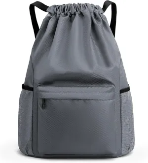 Drawstring Backpack - Small Gym Bag with Wet & Dry Compartment, Basketball Sackpack for Men & Women, Sports Backpack for Swim, Soccer & Accessories, Gray, Size L