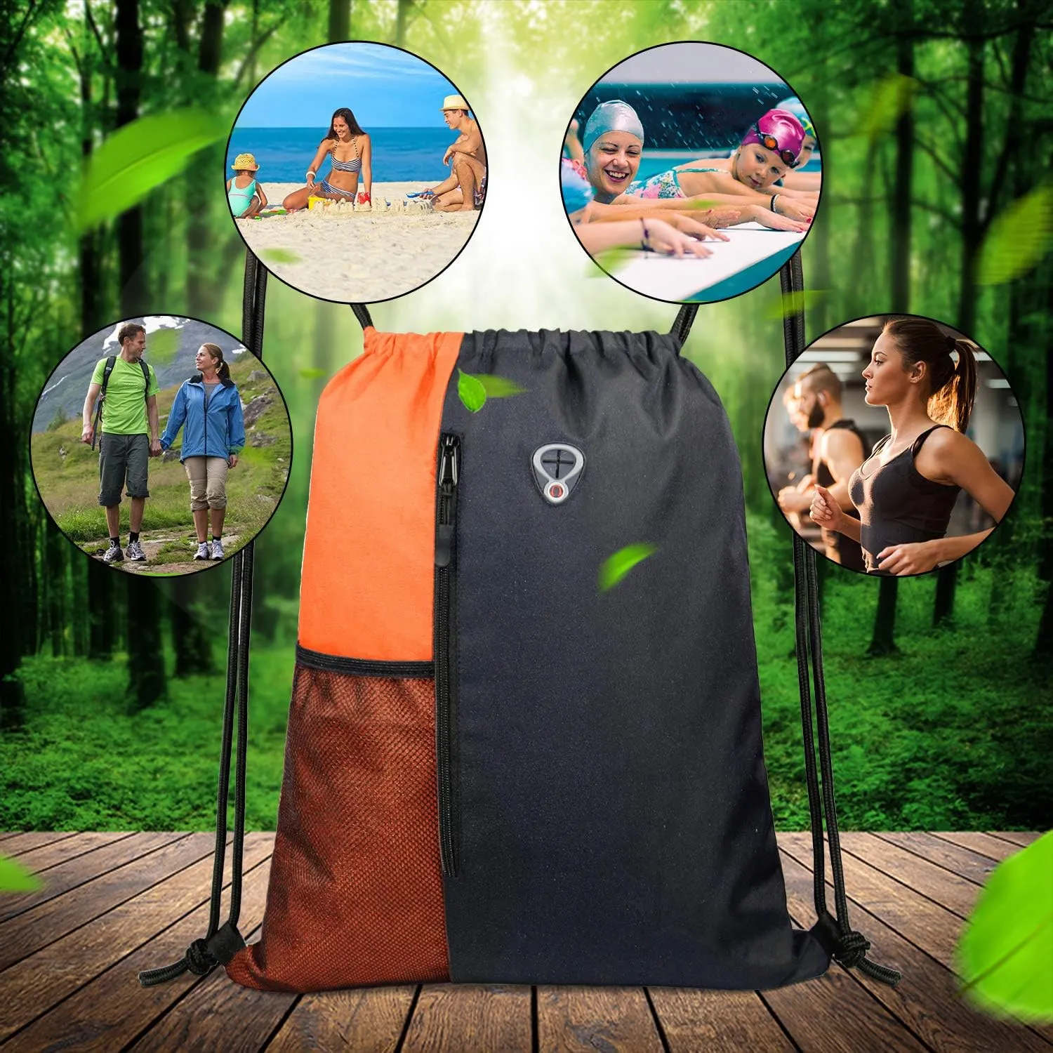 Drawstring Backpack Sports Gym Bag for Women Men Large Size With Two Zipper Pockets and Water Bottle Mesh Pockets