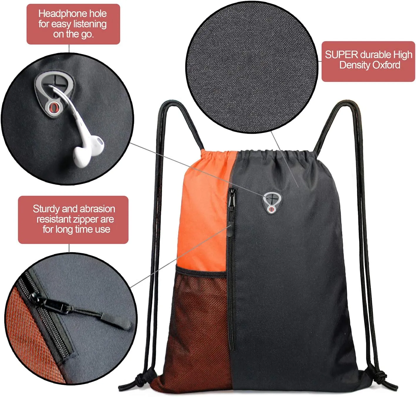 Drawstring Backpack Sports Gym Bag for Women Men Large Size With Two Zipper Pockets and Water Bottle Mesh Pockets