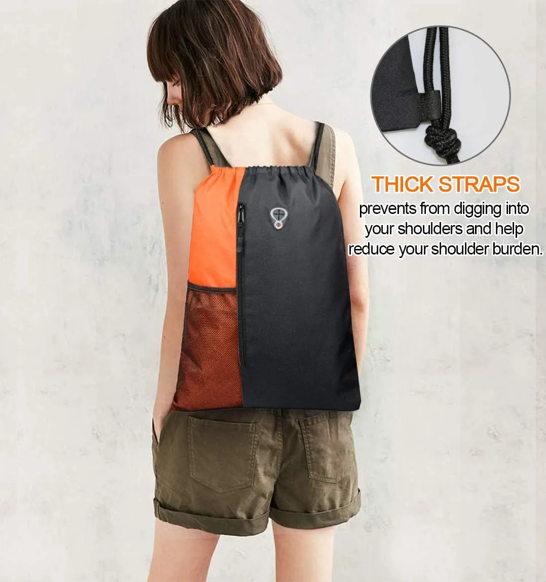 Drawstring Backpack Sports Gym Bag for Women Men Large Size With Two Zipper Pockets and Water Bottle Mesh Pockets