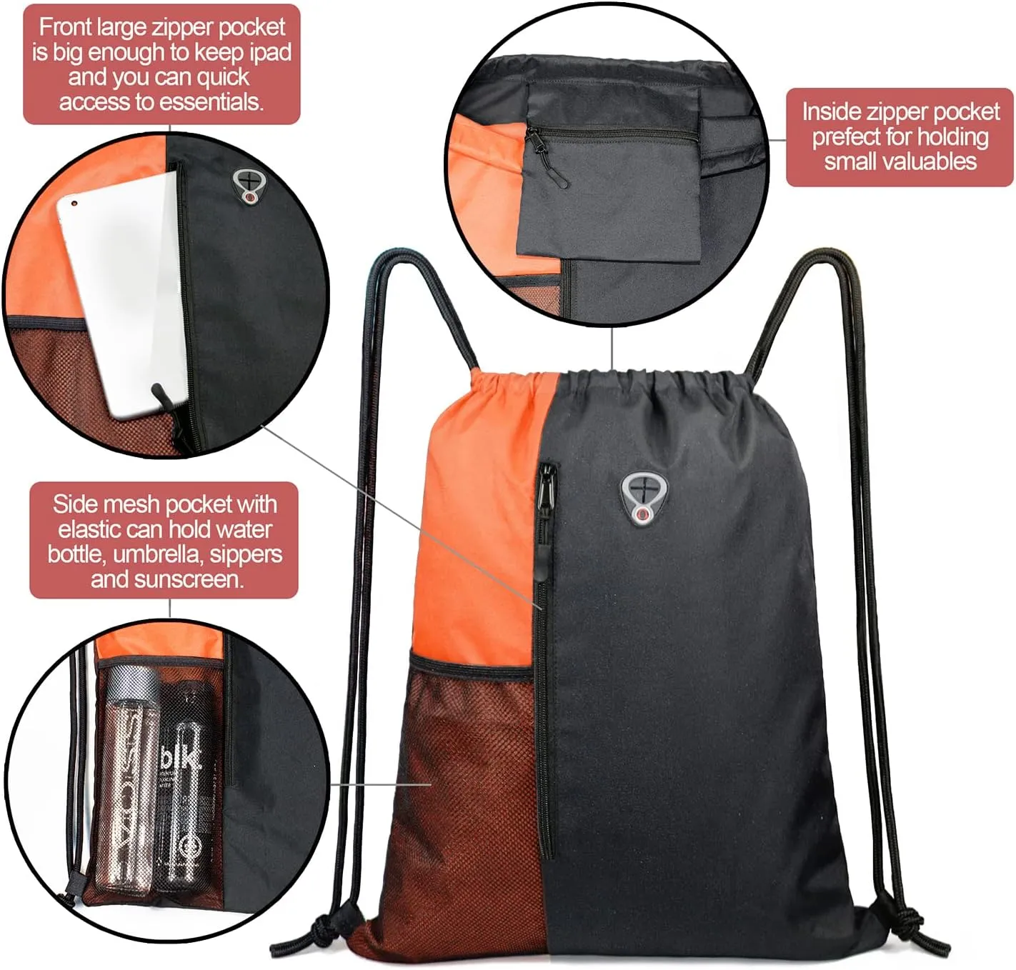 Drawstring Backpack Sports Gym Bag for Women Men Large Size With Two Zipper Pockets and Water Bottle Mesh Pockets
