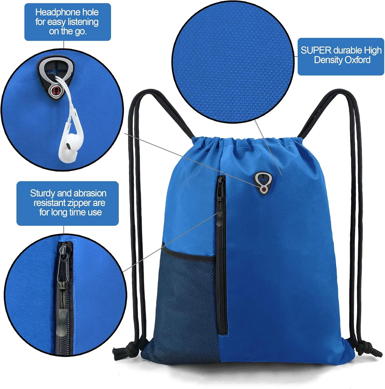 Drawstring Backpack Sports Gym Bag for Women Men Large Size With Two Zipper Pockets and Water Bottle Mesh Pockets