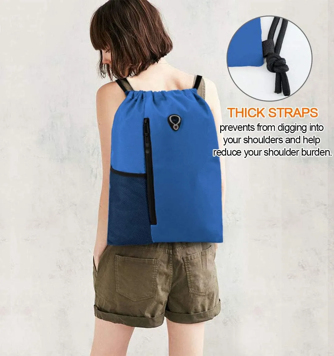 Drawstring Backpack Sports Gym Bag for Women Men Large Size With Two Zipper Pockets and Water Bottle Mesh Pockets